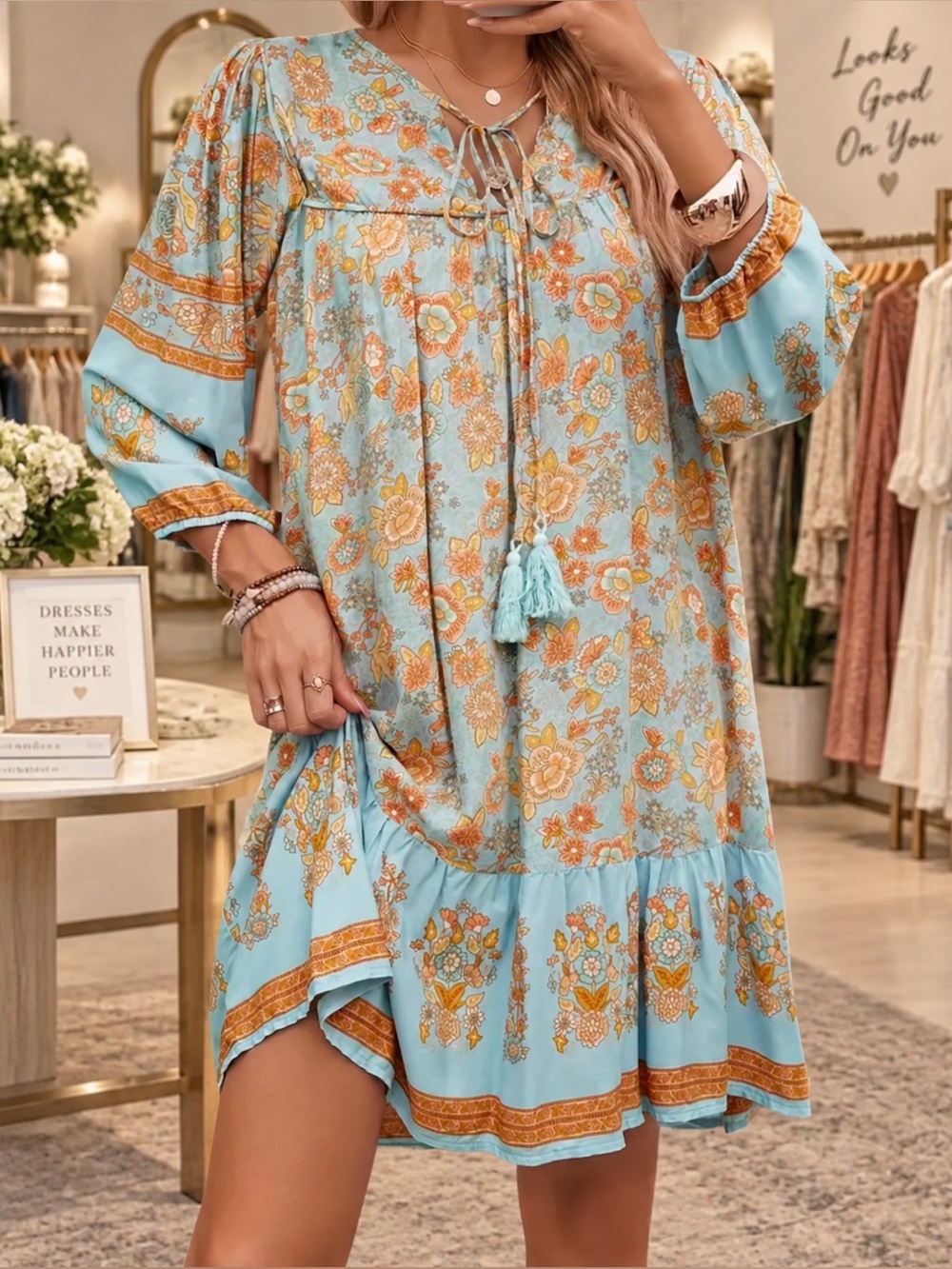 Boho Floral Tie-Front Mini Dress in Light Blue NWT Size Small - Size 4